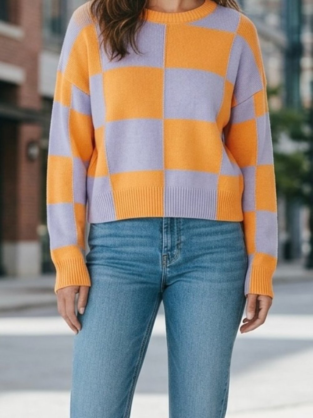 Lalavon Purple Orange Checkered Knit Sweater Women's size S